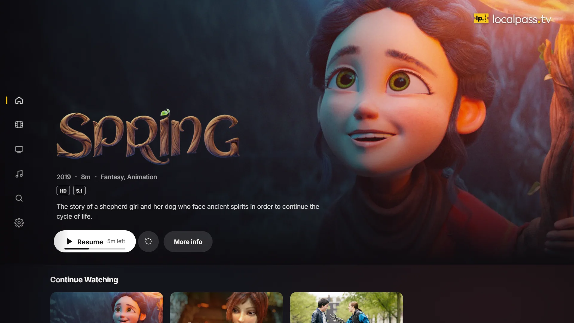 localpass.tv on a TV: the home screen with a featured film and rows of recently added movies